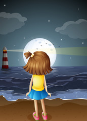Wall Mural - A small girl watching the fullmoon at the beach
