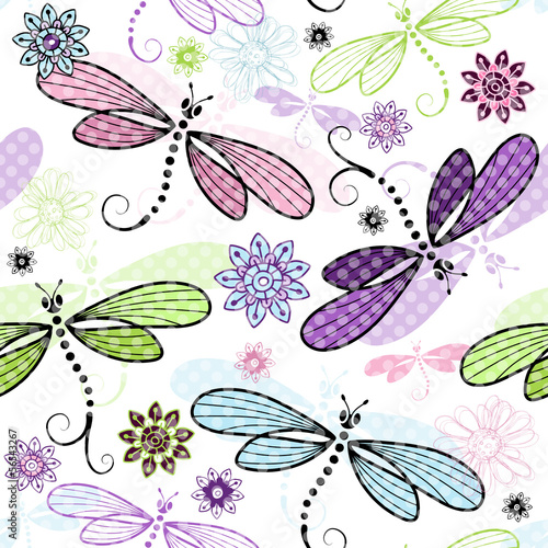 Naklejka dekoracyjna Spring seamless floral pattern with dragonflies