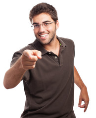 man aiming with finger on a white background