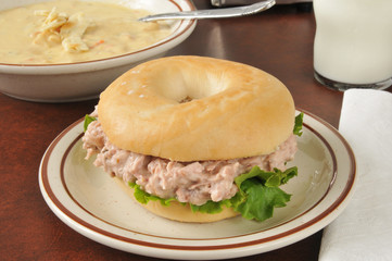 Wall Mural - Tuna sandwich on a bagel with soup