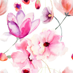 Sticker - Watercolor seamless pattern with Pink flowers