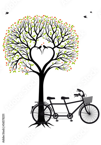 Plakat na papierze fotorealistycznym Serce drzewo z ptakami i bicykl, wektor