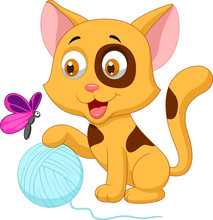 Cute Cat Cartoon Playing With Ball Of Yarn And Butterfly