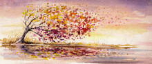Autumn Tree On A Wind.Watercolors.