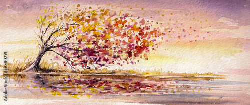 Naklejka dekoracyjna Autumn tree on a wind.Watercolors.