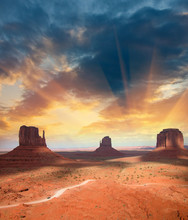 Classic Buttes Of Monument Valley. Landscape View At Summer Suns