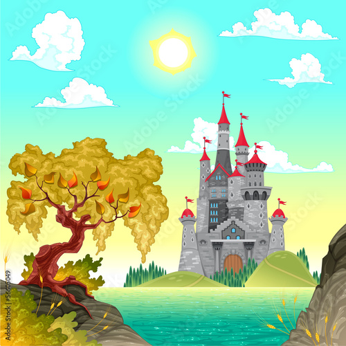 Board z aluminiowym obramowaniem Fantasy krajobraz z zamkiem.