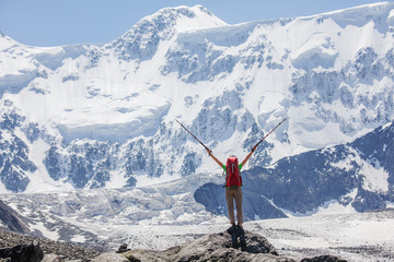 Wall Mural - Hiker near Belukha Mountain, the highest in Siberia