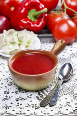 Wall Mural - Traditional polish dinner, borscht and dumplings, on wooden tabl