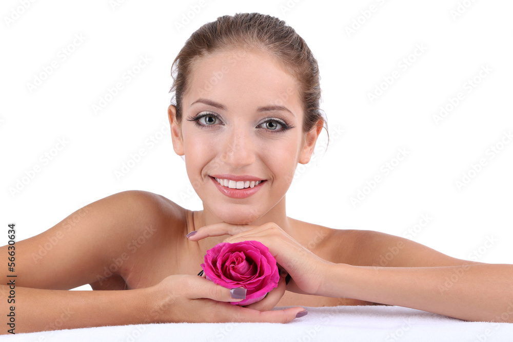 Beautiful girl with rose isolated on white