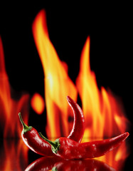Wall Mural - Red hot chili peppers on fire background