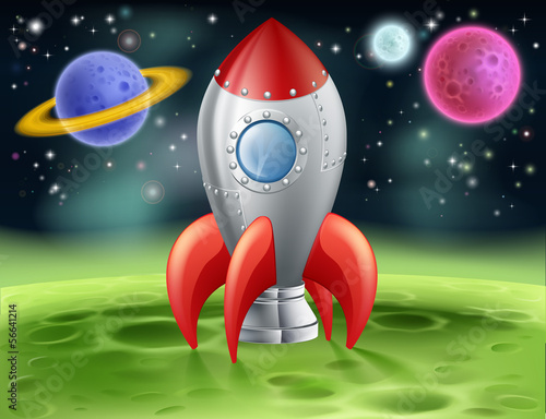 Naklejka - mata magnetyczna na lodówkę Cartoon Space Rocket on Alien Planet