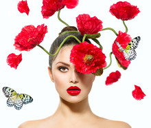 Beauty Fashion Model Woman With Red Poppy Flowers In Her Hair