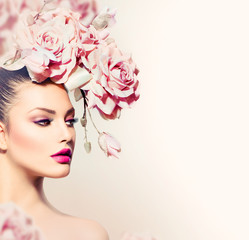 Wall Mural - fashion beauty model girl with flowers hair. bride