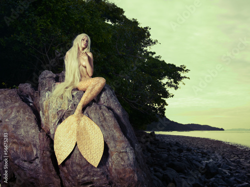 Fototapeta na wymiar Beautiful mermaid sitting on rock