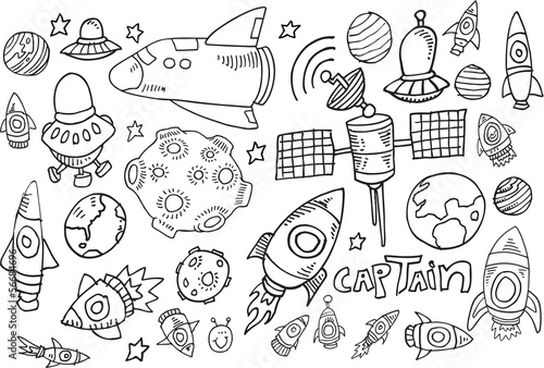 Naklejka samoprzylepna Kosmos doodle szkic wektor zestaw ilustracji