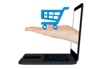 Poster - Online shopping concept. Shopping Cart Icon in hand with Laptop