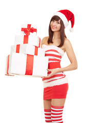 Wall Mural - Happy santa woman with gift boxes