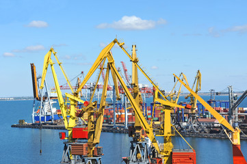 Container stack and cargo ship under crane bridge