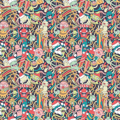 Wall Mural - Christmas seamless pattern with cute crazy monsters
