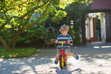 Wall Mural - Little toddler boy riding on his  bicycle in summer.