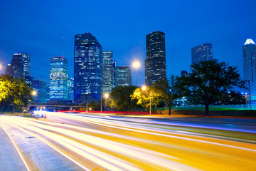 Wall Mural - Houston Texas skyline at sunset with traffic lights