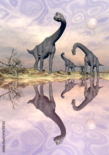 Fotoboard na płycie Brachiosaurus dinozaury w pobliżu wody - 3d render