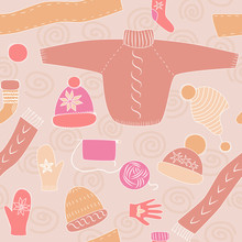 Colorful Pink Winter Knitwear Seamless Pattern, Vector