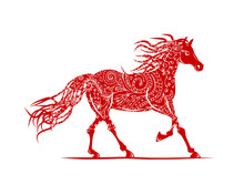 Red Horse With Floral Ornament For Your Design. Symbol Of 2014