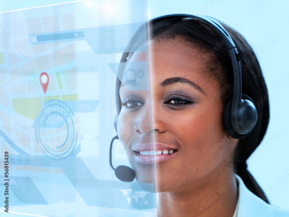 Beautiful call center worker using futuristic holographic interf Stock ...