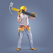 construction worker with a tool belt and a hammer