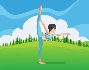 Poster - A girl doing yoga across the pine trees