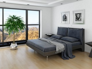 Comfortable bedroom interior with grey double bed