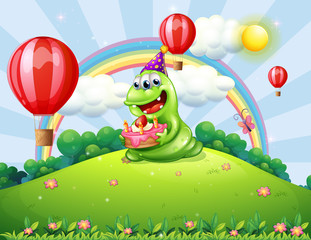 Poster - A happy green monster celebrating his birthday at the hilltop