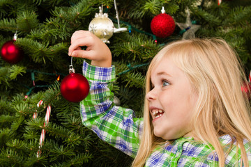 Girl is putting her ornament on the tree