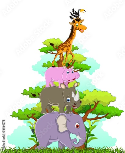 Fototapeta na wymiar funny animal cartoon with tropical forest background