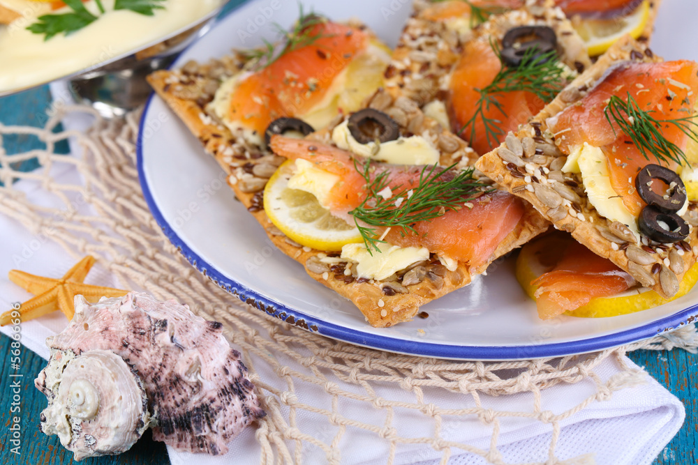Salmon sandwiches on plate  on wooden table close-up