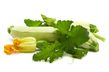 Wall Mural - Flowers, leaves and vegetable marrow fruits isolated on a white