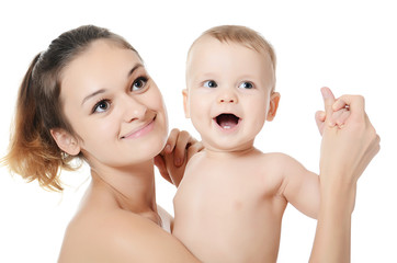 Wall Mural - The happy mother with baby over white background