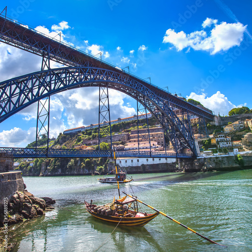 Naklejka na kafelki Oporto or Porto skyline, Douro river, boats and bridge. Portugal