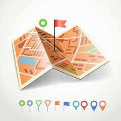 Poster - Folded abstract city map with collection of color point pins