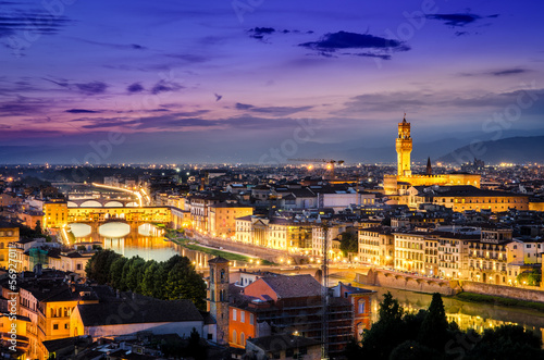 Board z aluminiowym obramowaniem Malowniczy widok nocny Florencji z ponte vechio i pałacem