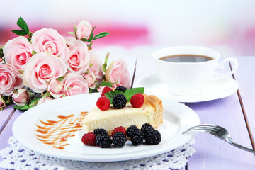 Wall Mural - Slice of cheesecake with raspberry and blackberry