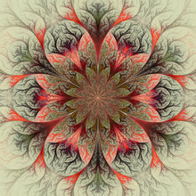 Beautiful Fractal Flower In Red, Green And Gray. Computer Genera