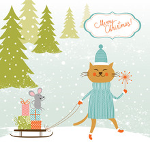 Cute Kitty Carries The Sledge With Gifts And Little Mouse