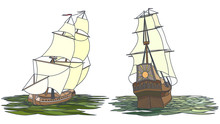 Vector Set Of Color Ship With Sails For Icons.