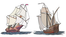 Vector Set Of Color Ship With Sails For Icons.