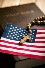 Canvas Print - holy bible with american flag and crucifix