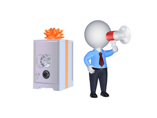 Sticker - 3d person with megaphone and safe.