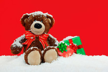Handmade Teddy Bear In The Snow With Gifts